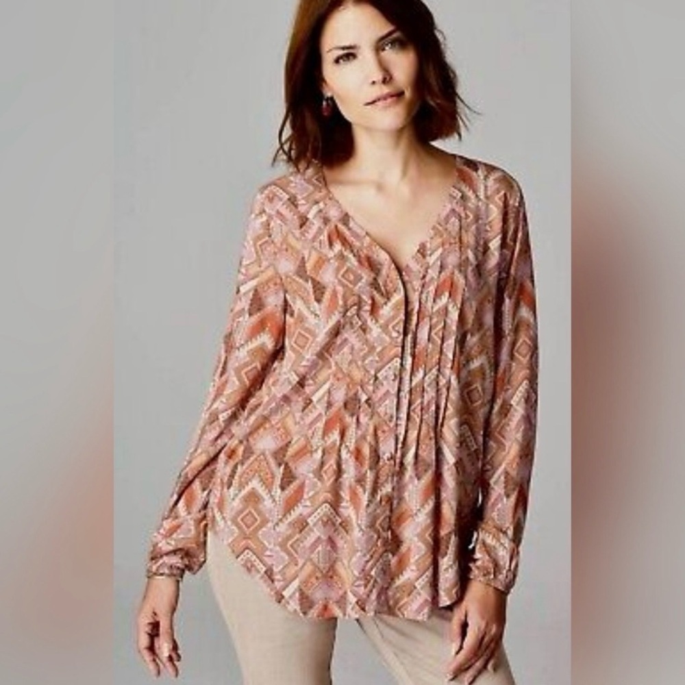 J. JILL Soft Rayon Tribal Boho Pleated Button Down Blouse Size XS